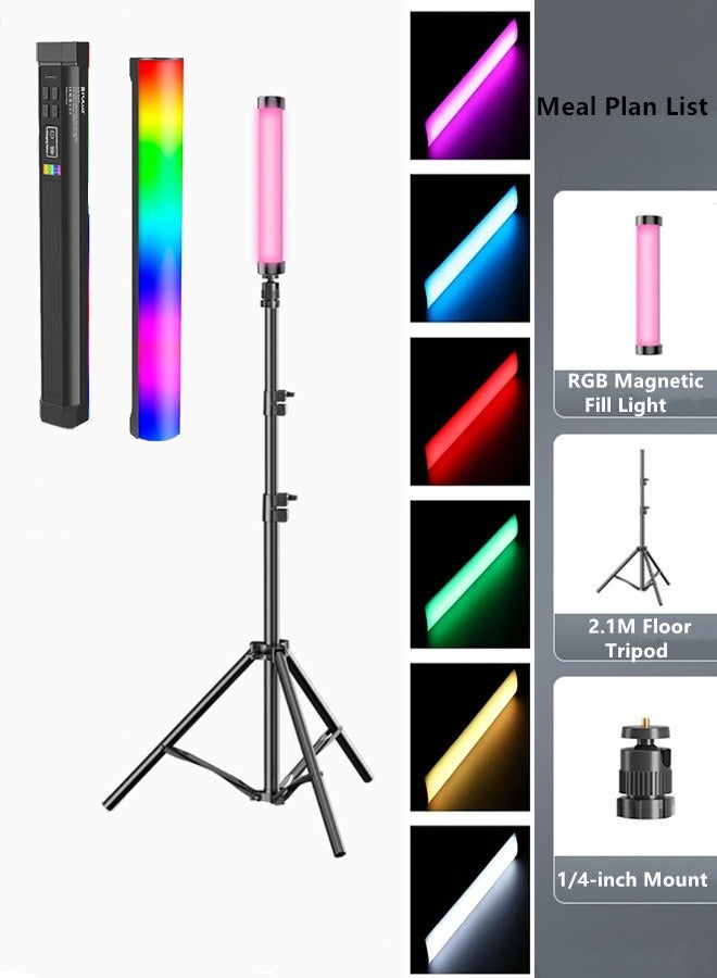 عصا إضاءة محمولة، مصباح تصوير، عصا إضاءة للتصوير بطول 30 سم/12 بوصة، عصا إضاءة مغناطيسية محمولة باليد بزاوية 360 درجة، مع واجهة شحن من النوع C، أوضاع ألوان متعددة قابلة للتعديل RGB، حامل ثلاثي القوائم أرضي قابل للتمديد بطول 2.1 متر، أنبوب إضاءة قابل للتعتيم من 3000 إلى 7000 كلفن، مع مثبت لضبط الزاوية، مناسب للتصوير بالكاميرا، والتصوير الفوتوغرافي في الاستوديو، وTikTok، وYouTube، وVlog، إلخ. - Image 1